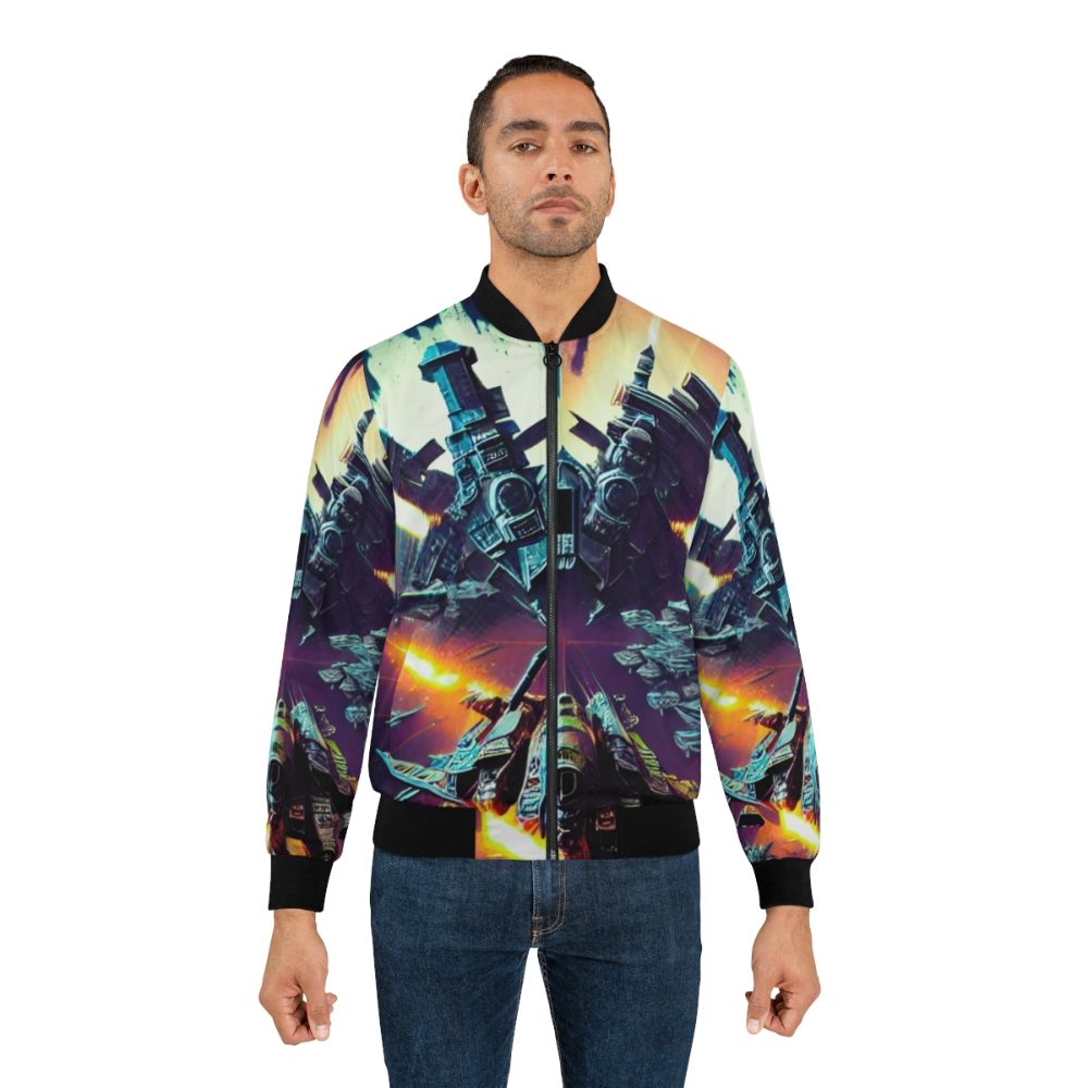 Vintage video game art bomber jacket featuring Gradius, Galaga, and other classic arcade game designs - Lifestyle