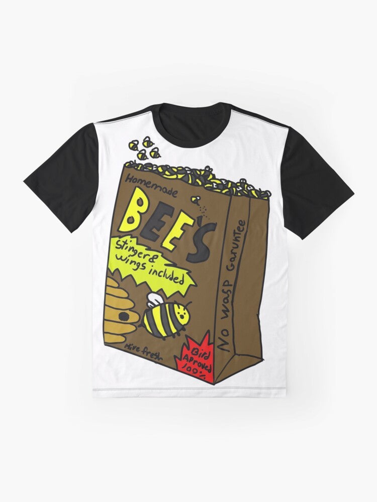 Illustration of a bumblebee eating from a paper bag on a black and yellow graphic t-shirt - Flat lay