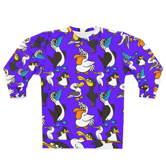 Cartoon seabird flock sweatshirt with vibrant ocean wildlife pattern