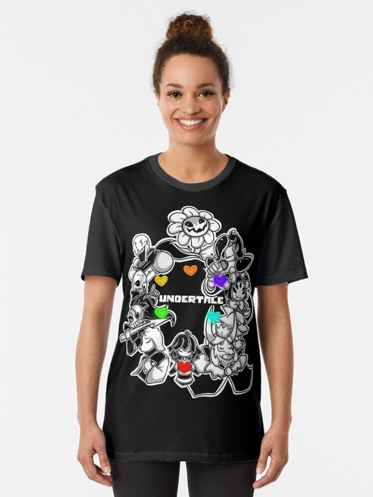 Minimalist Undertale video game t-shirt design featuring the characters Frisk, Sans, Papyrus, Flowey, and Toriel - Women