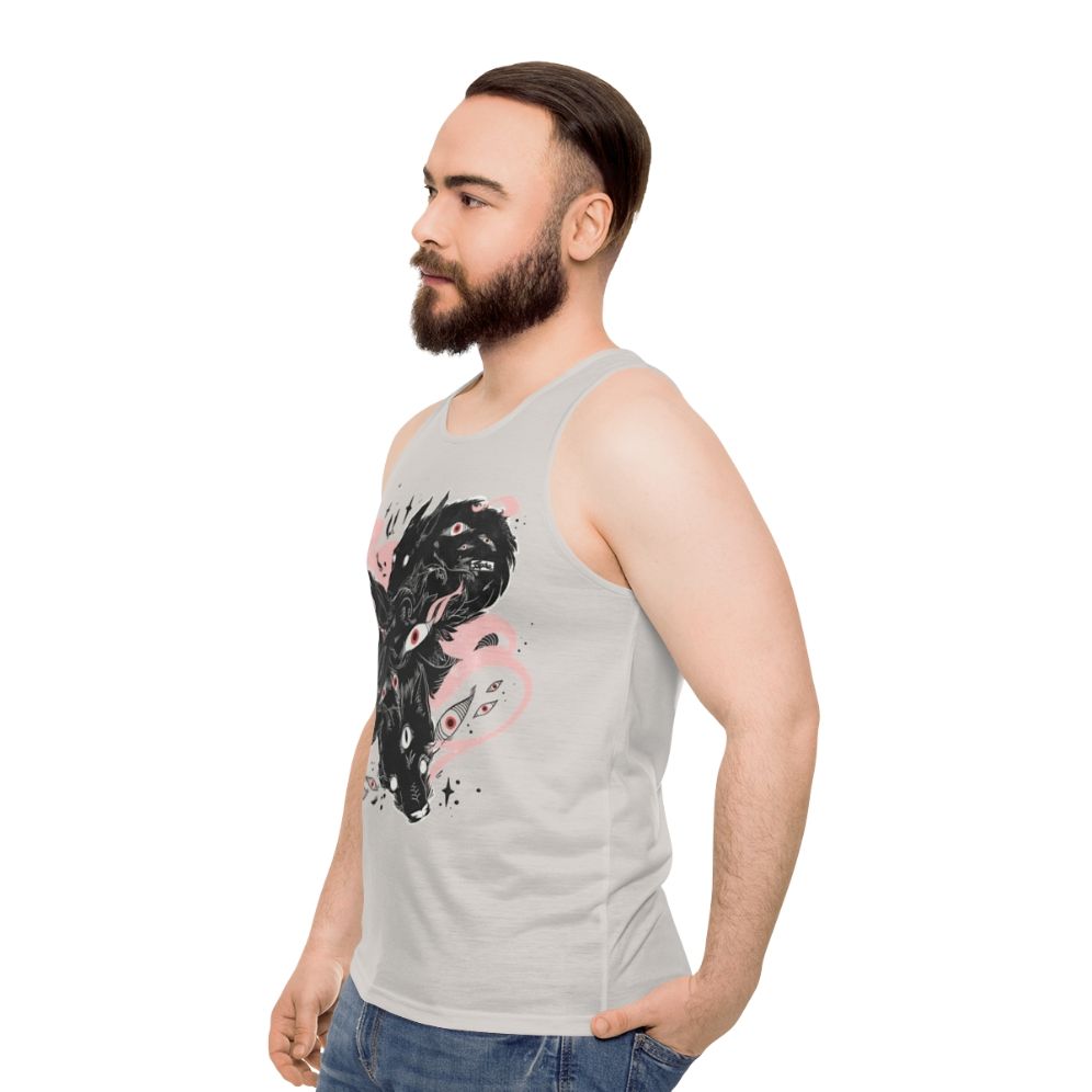 Unisex tank top featuring a design with wild wolves and many creepy eyes - men side