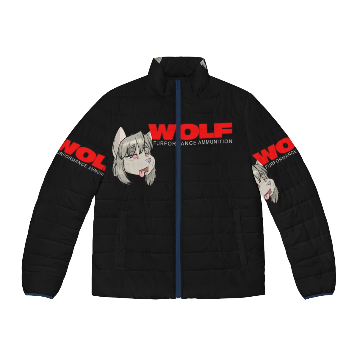 A wolf-themed puffer jacket for cozy and stylish winter wear