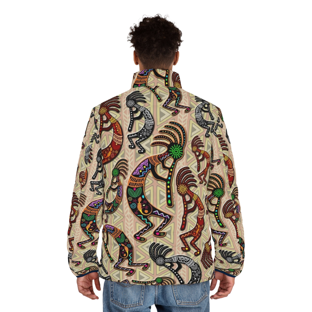 Kokopelli tribal pattern puffer jacket with native american mythological design - men back