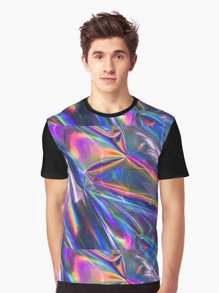 Holographic material graphic t-shirt with iridescent, shiny, and reflective texture - Men