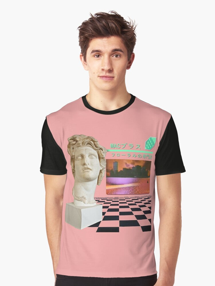 Macintosh Plus Floral Graphic T-Shirt with Retro Vaporwave Aesthetic - Men