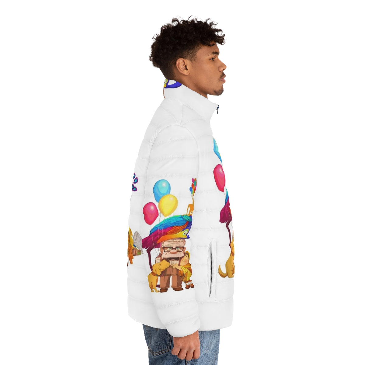 Colourful puffer jacket inspired by the Pixar film "Up" with balloons and adventure theme - men side right