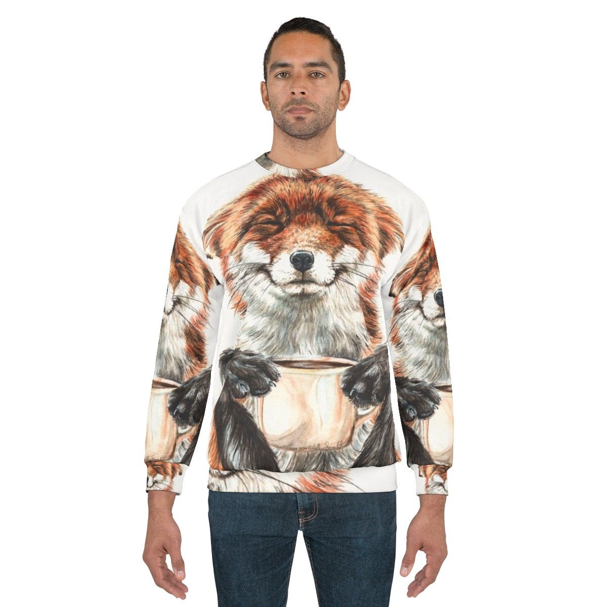 Cute Morning Fox Drinking Coffee Illustration on Sweatshirt - men