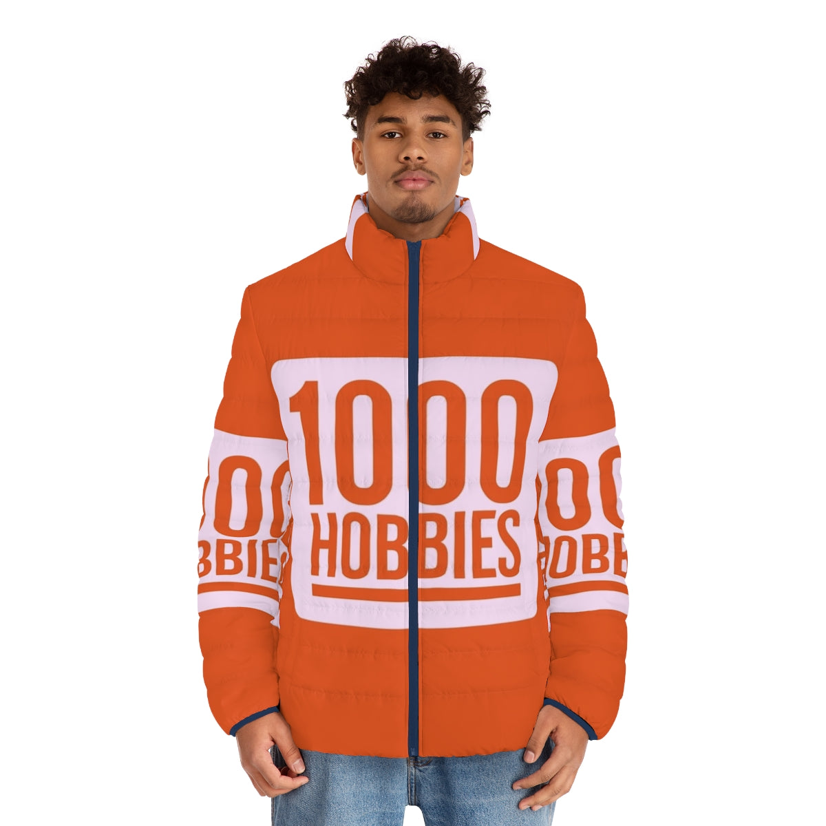 1000 Hobbies branded puffer jacket - men front