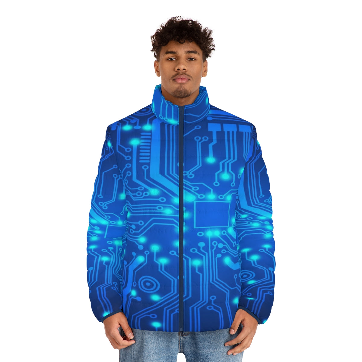 Stylish Electronic Circuit Puffer Jacket with Futuristic Design - men front