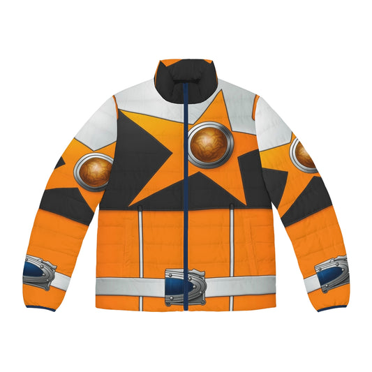 Sasoriorange puffer jacket with Kyuranger-inspired space and star design