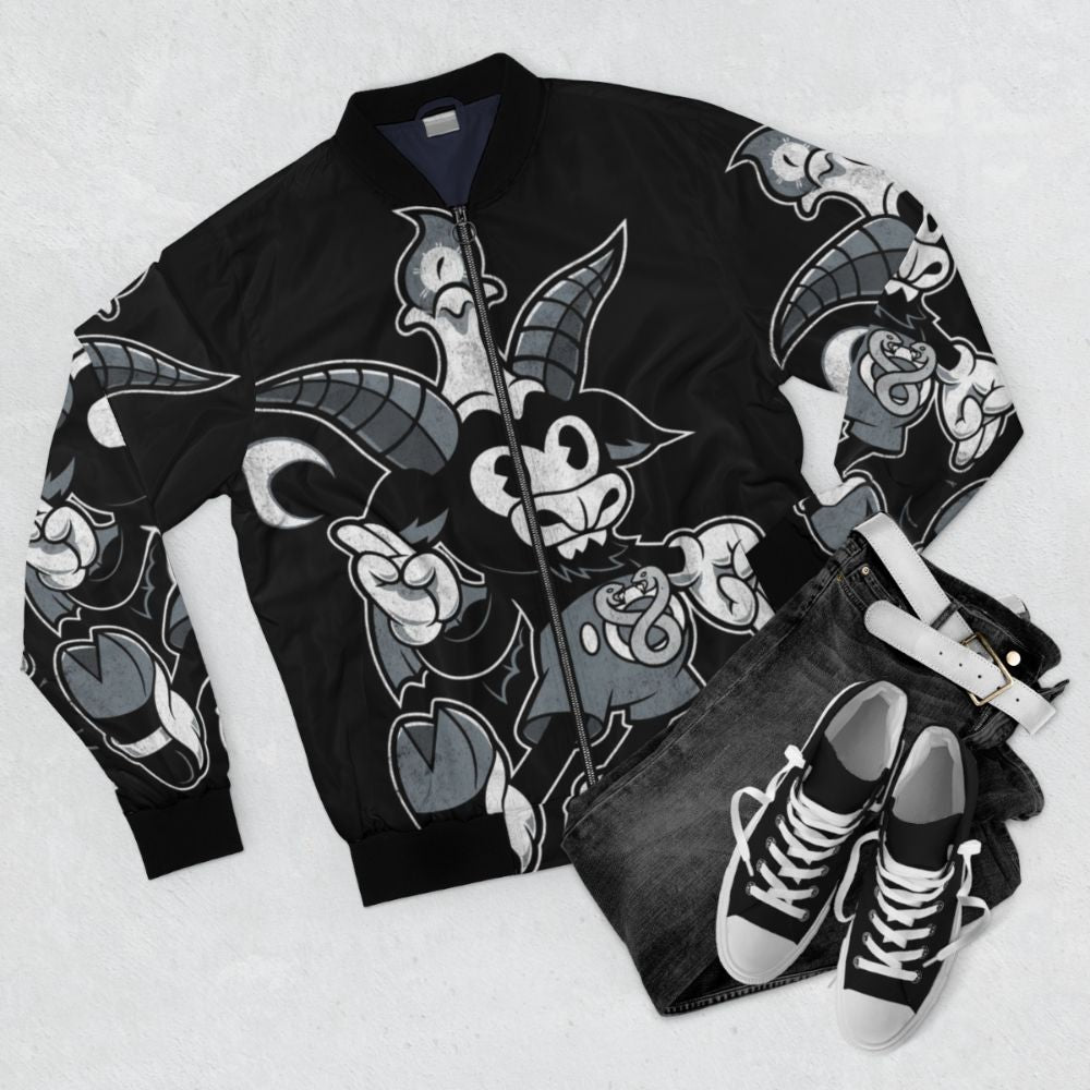 Baphomet creepy cute occult bomber jacket with devil, pagan, and gothic design elements - Flat lay