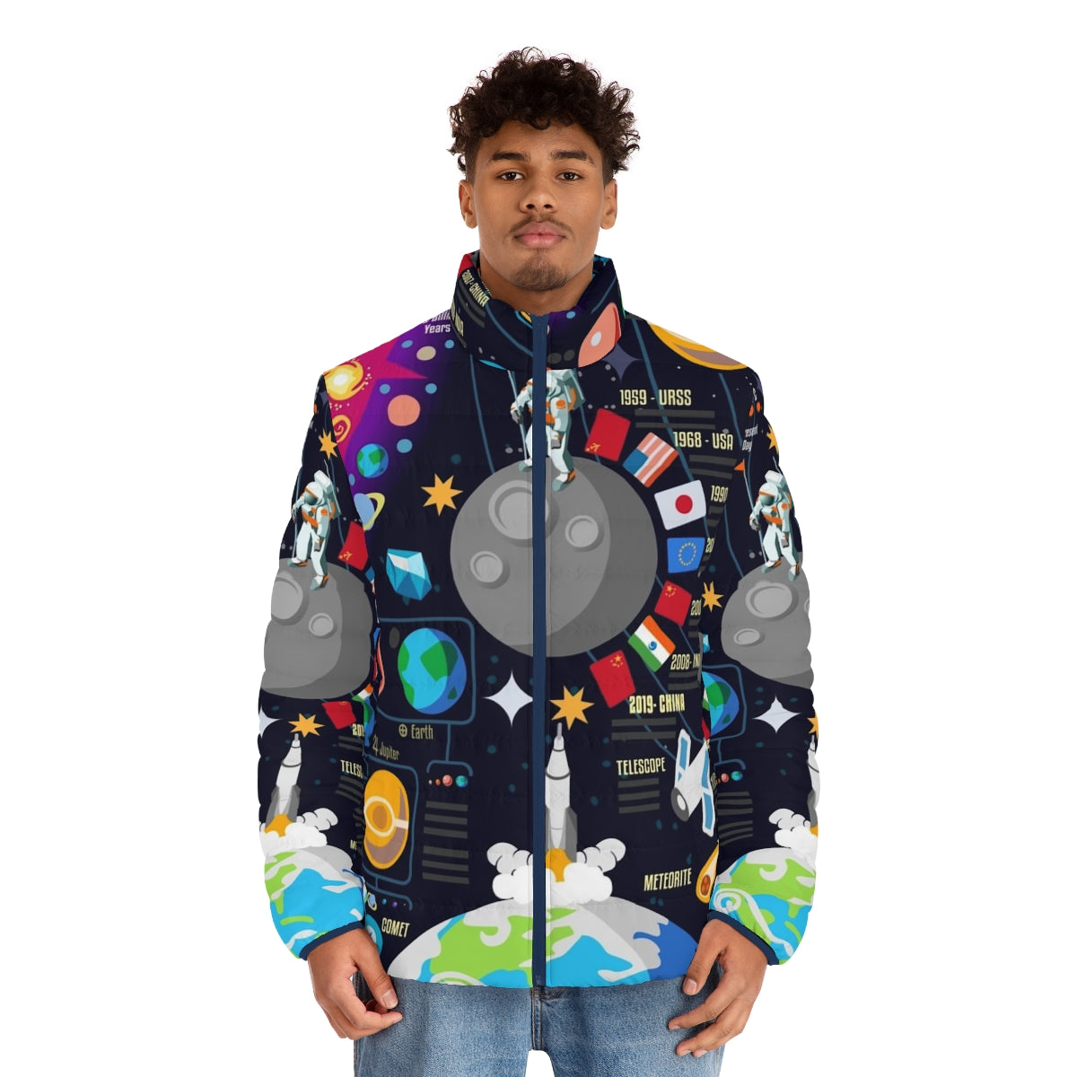 Space-inspired puffer jacket with infographic design of the universe and big bang - men front