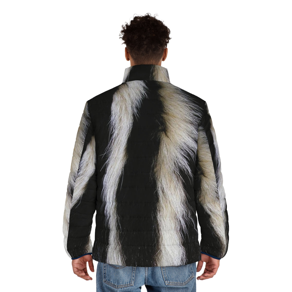 Skunk-inspired puffer jacket with bold black and white stripes - men back