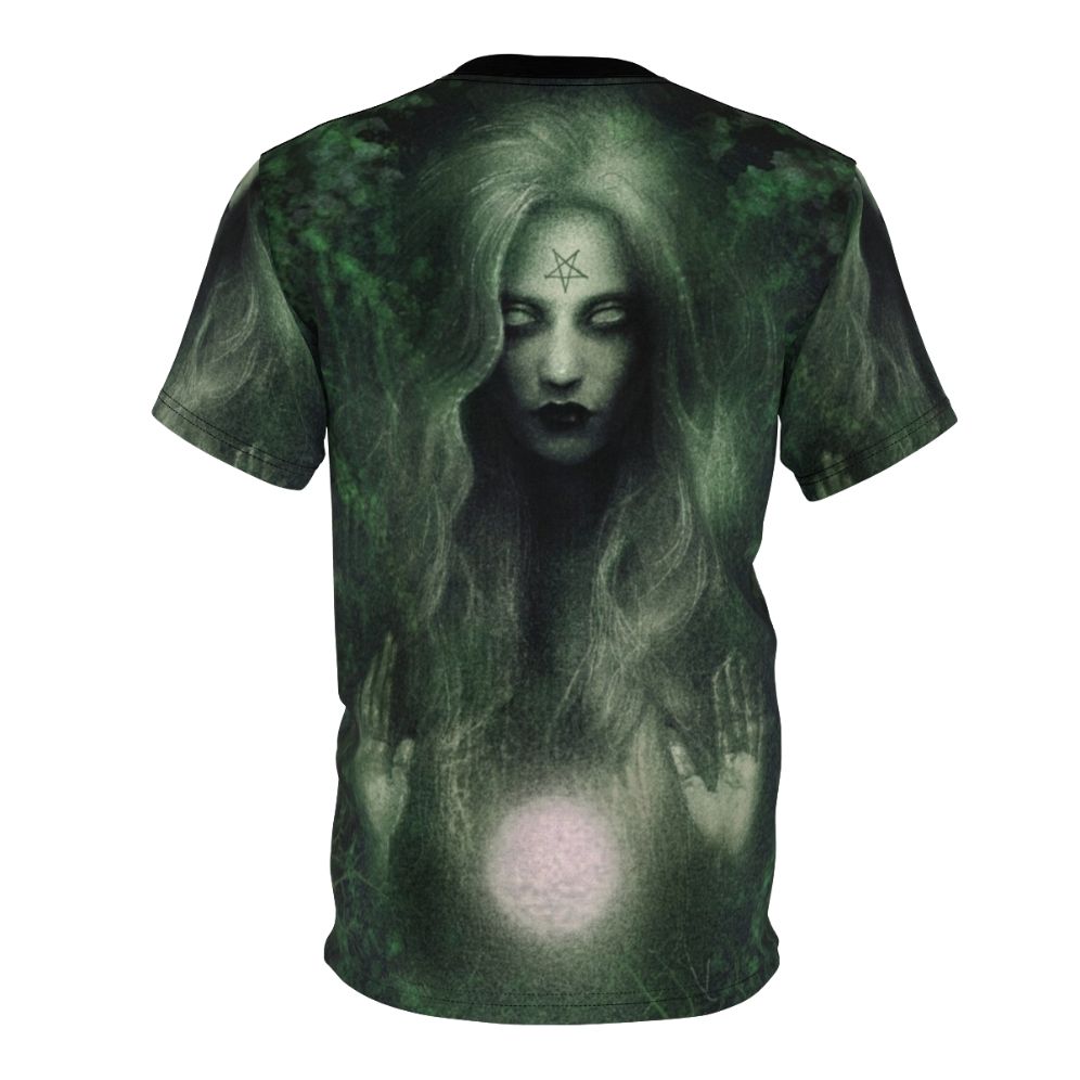 Vibrant AOP t-shirt design featuring a mystical forest witch amidst lush greenery, crystals, and natural elements. - Back