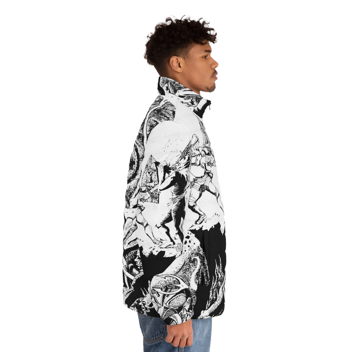 A puffer jacket featuring a paladin character in a fantasy hellscape setting, black and white illustration - men side right