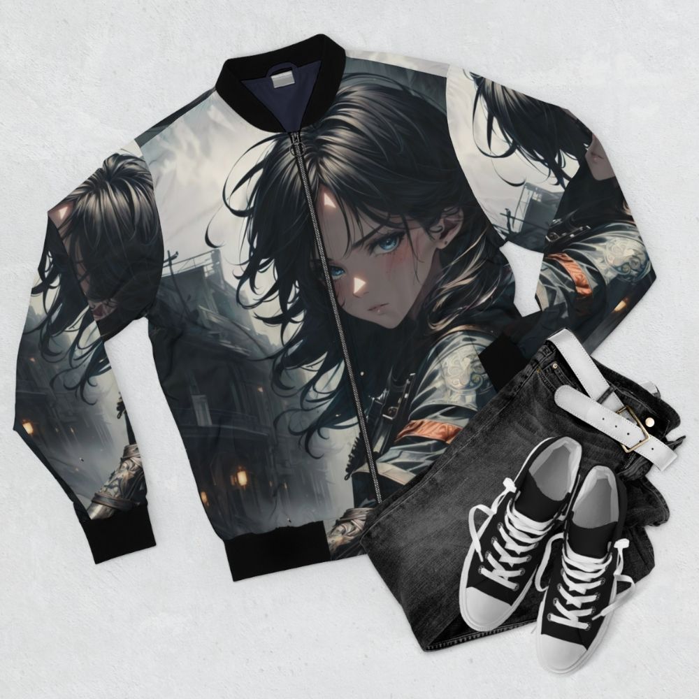 Fierce anime warrior girl wearing a blue bomber jacket with a dark fantasy ominous background - Flat lay