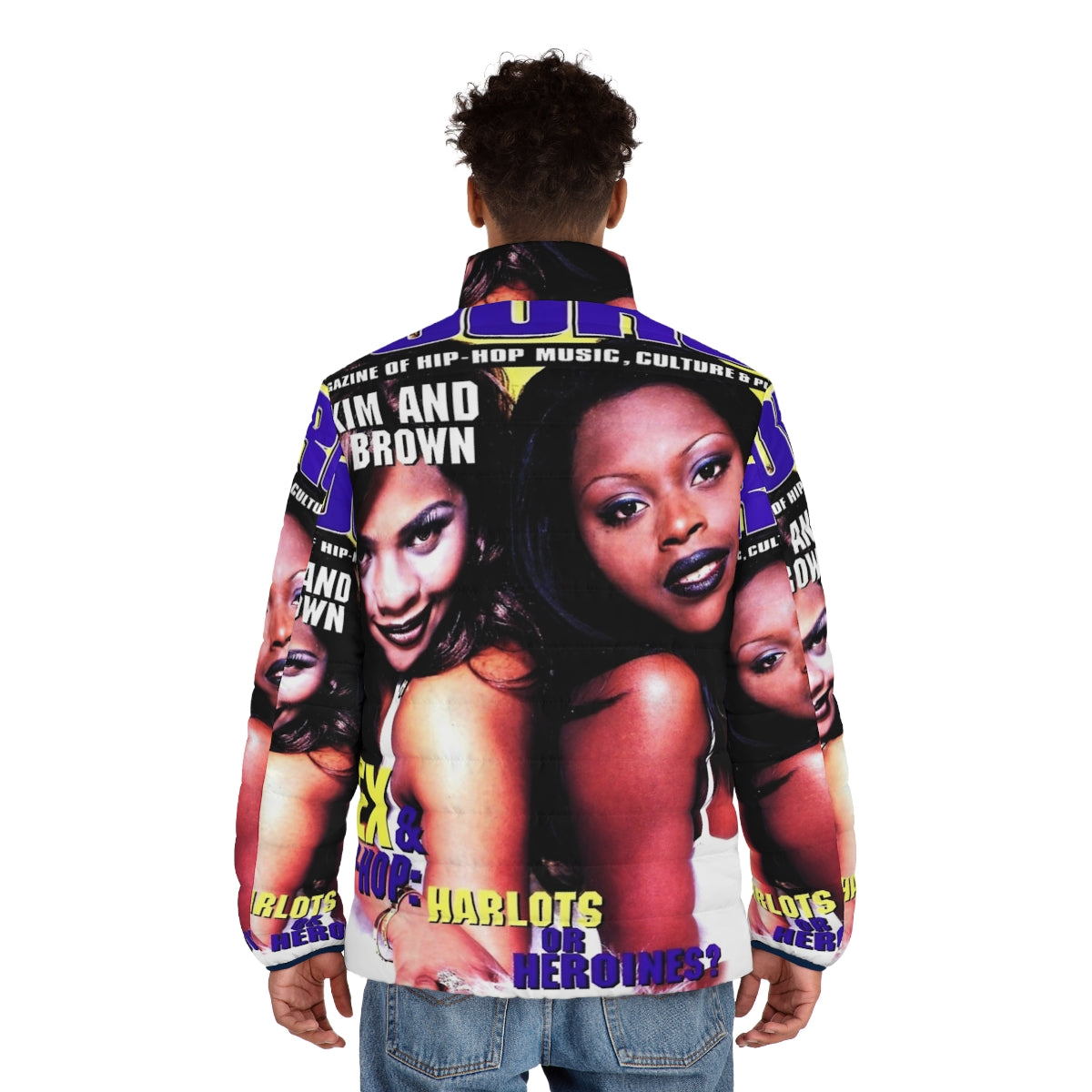 90s puffer jacket featuring black and white illustrations of hip hop and rap music artists - men back