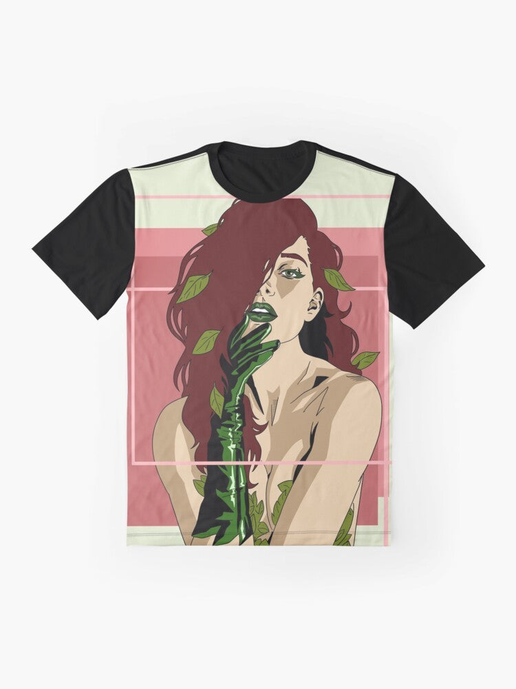 A graphic t-shirt featuring a botanical design of poisonous leaves and plants, with a feminist and eco-friendly message. - Flat lay