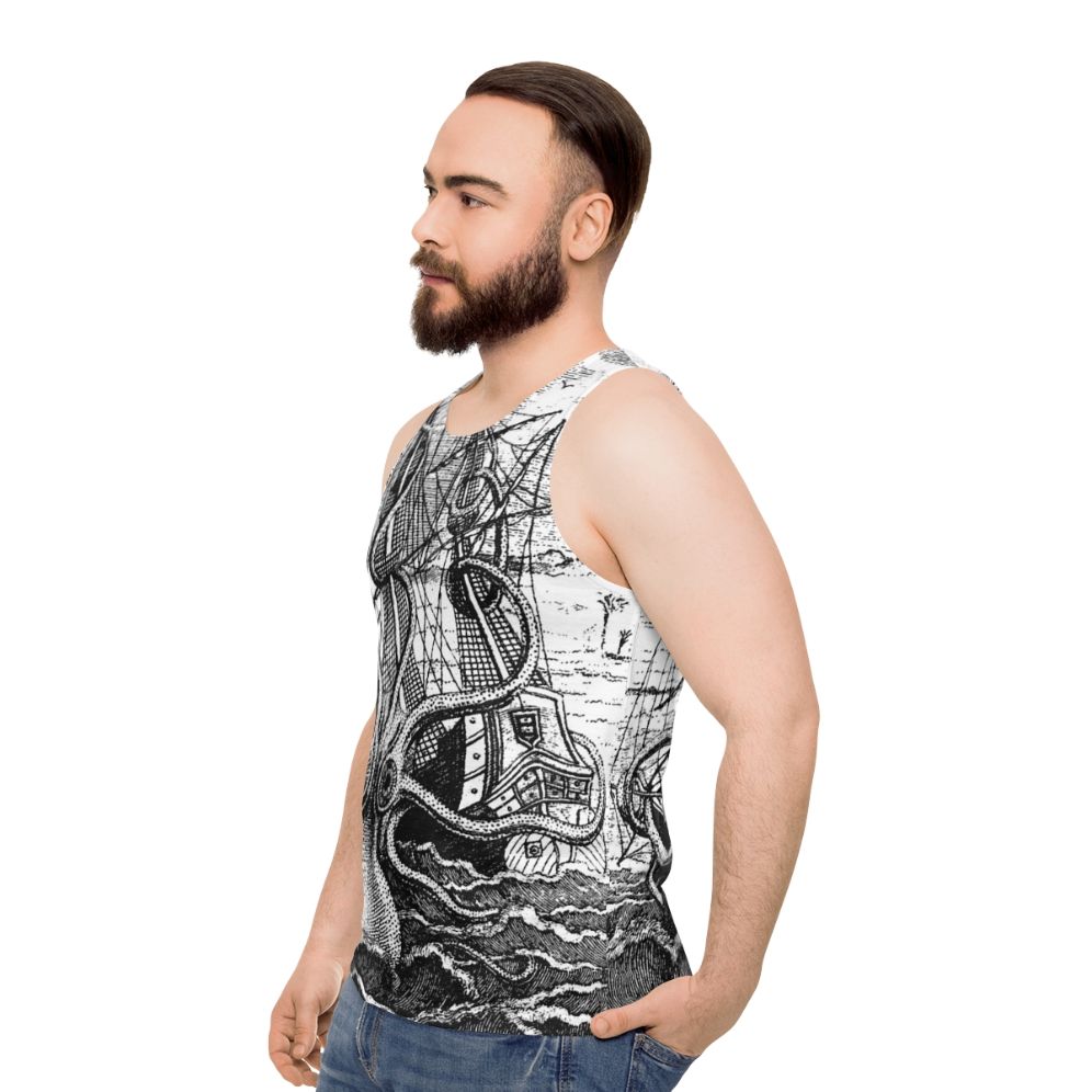 Vintage Kraken Attacking Pirate Ship Illustration Tank Top - men side