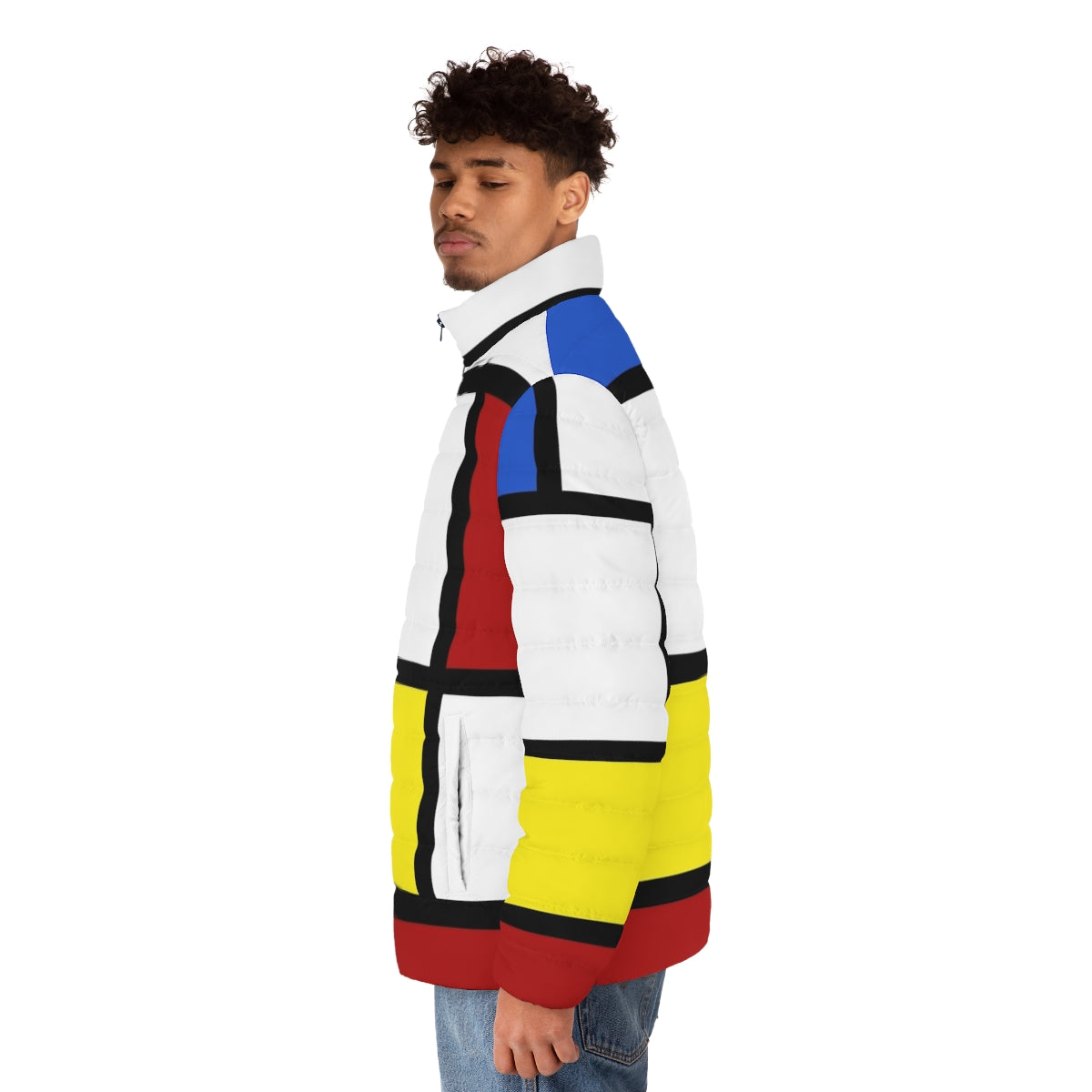 Retro 60s mod style puffer jacket with box pattern in red, white and blue colors - men side left