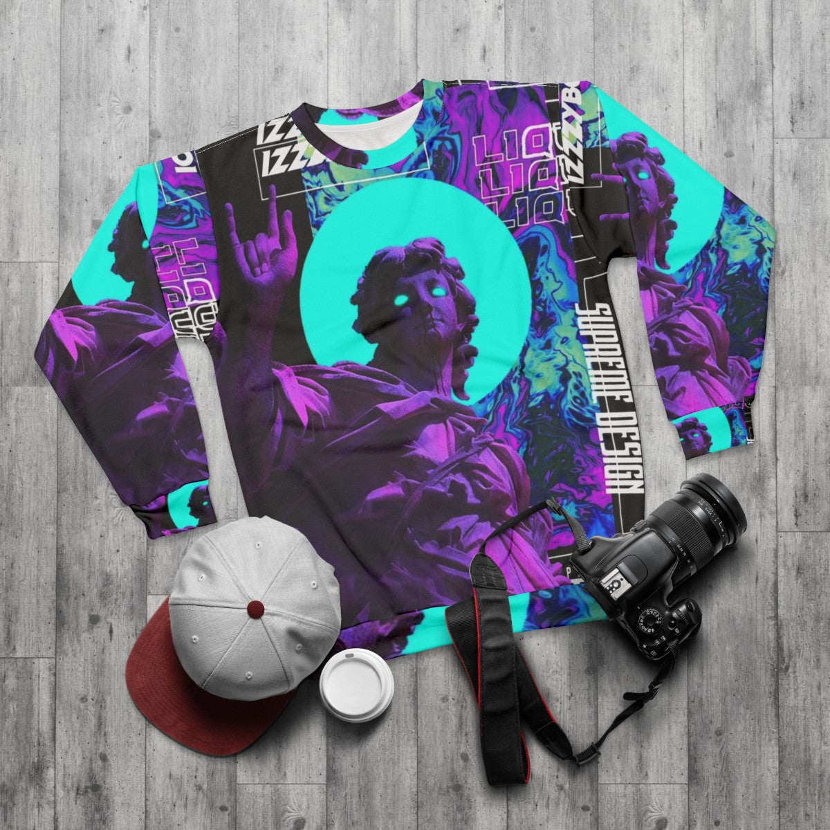 Vaporwave aesthetic cyberpunk futuristic sweatshirt - flat lay