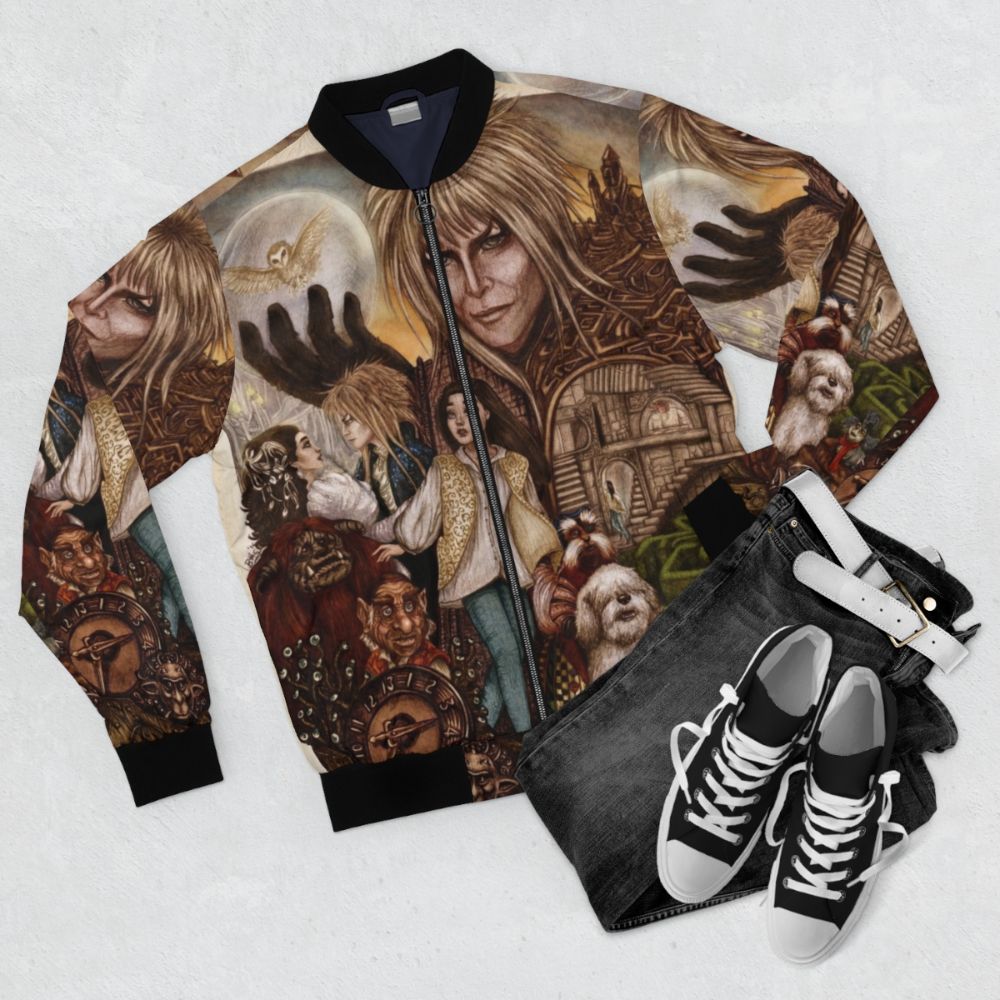 Labyrinth-inspired bomber jacket featuring fantasy elements like goblins, magic, and the enchanted realm - Flat lay