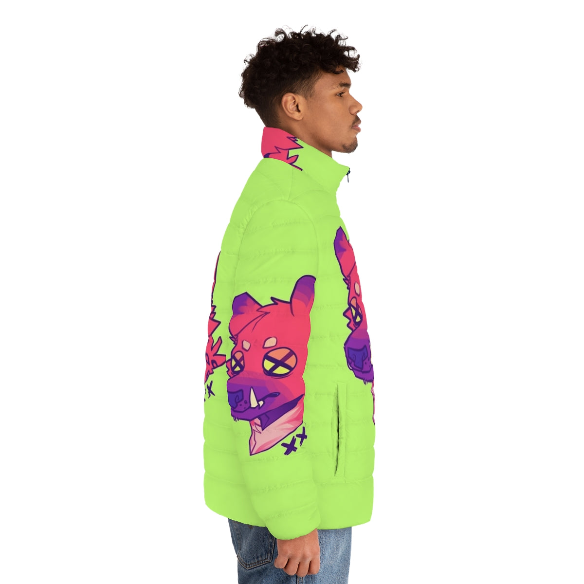 Bright, furry, and cool XXX puffer jacket for men - men side right