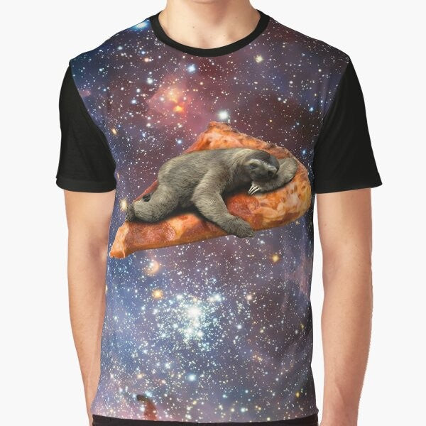 A graphic t-shirt featuring a pizza sloth floating in the galaxy