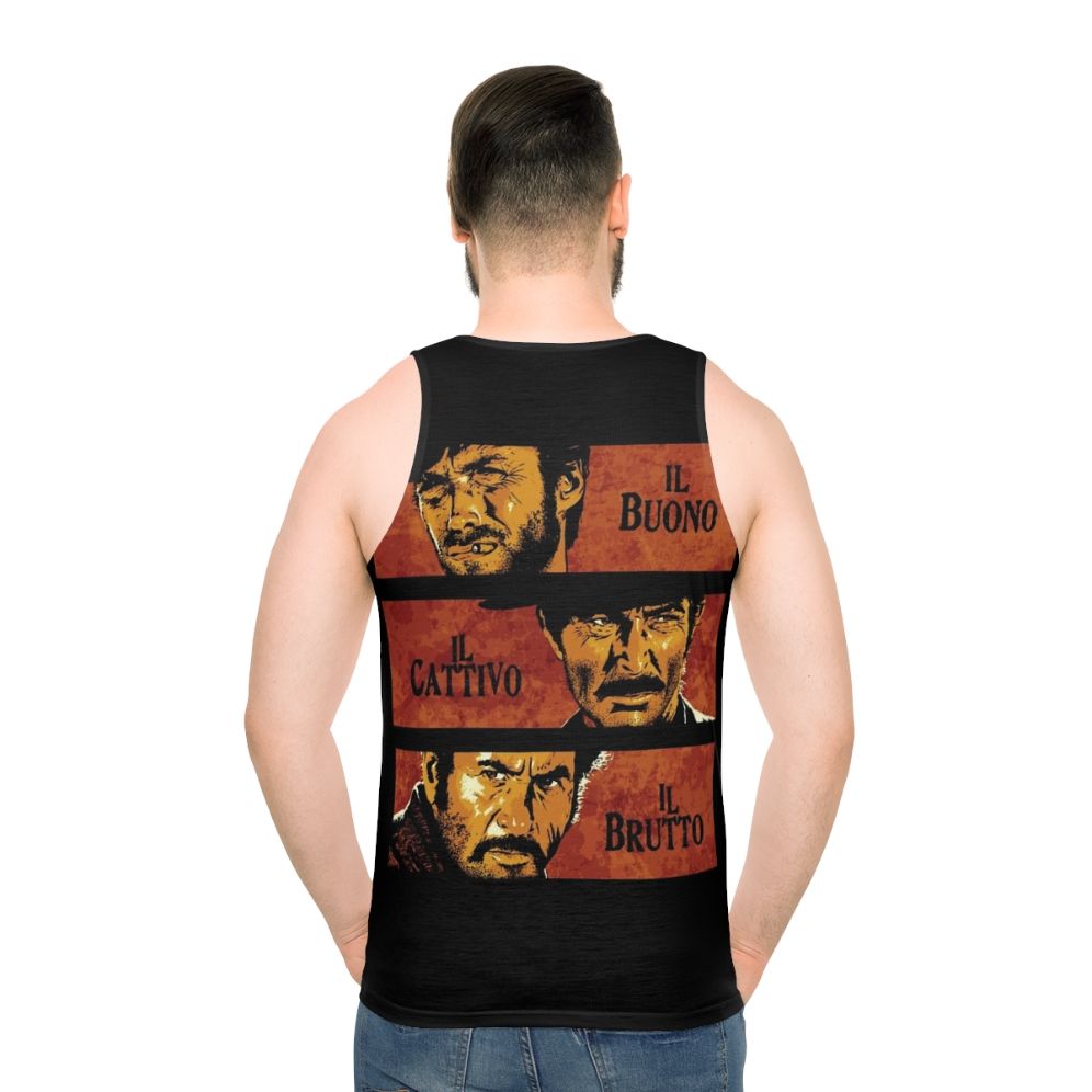 Unisex tank top featuring the iconic movie "The Good, The Bad and The Ugly" design - men back