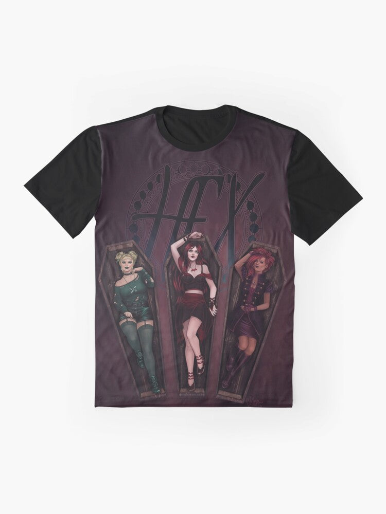 Spooky "Bad Dreams, Sisters" graphic t-shirt with hex, witches, coffins, and other dark, creepy elements - Flat lay