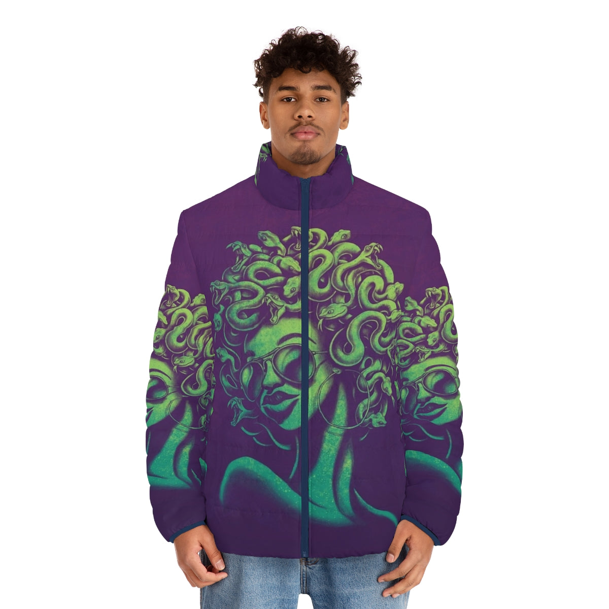 Funky Medusa puffer jacket with unique, mythical design - men front