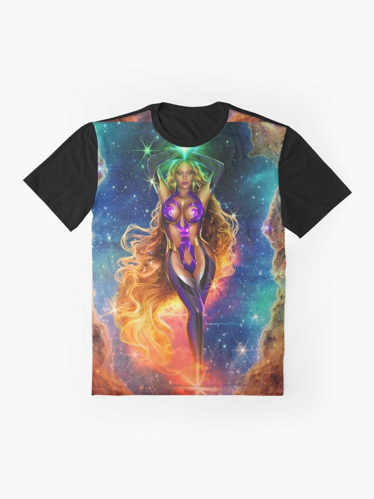 Alien Superstar graphic t-shirt featuring a vibrant cosmic design with stars, fire, and a cosmic alien figure - Flat lay