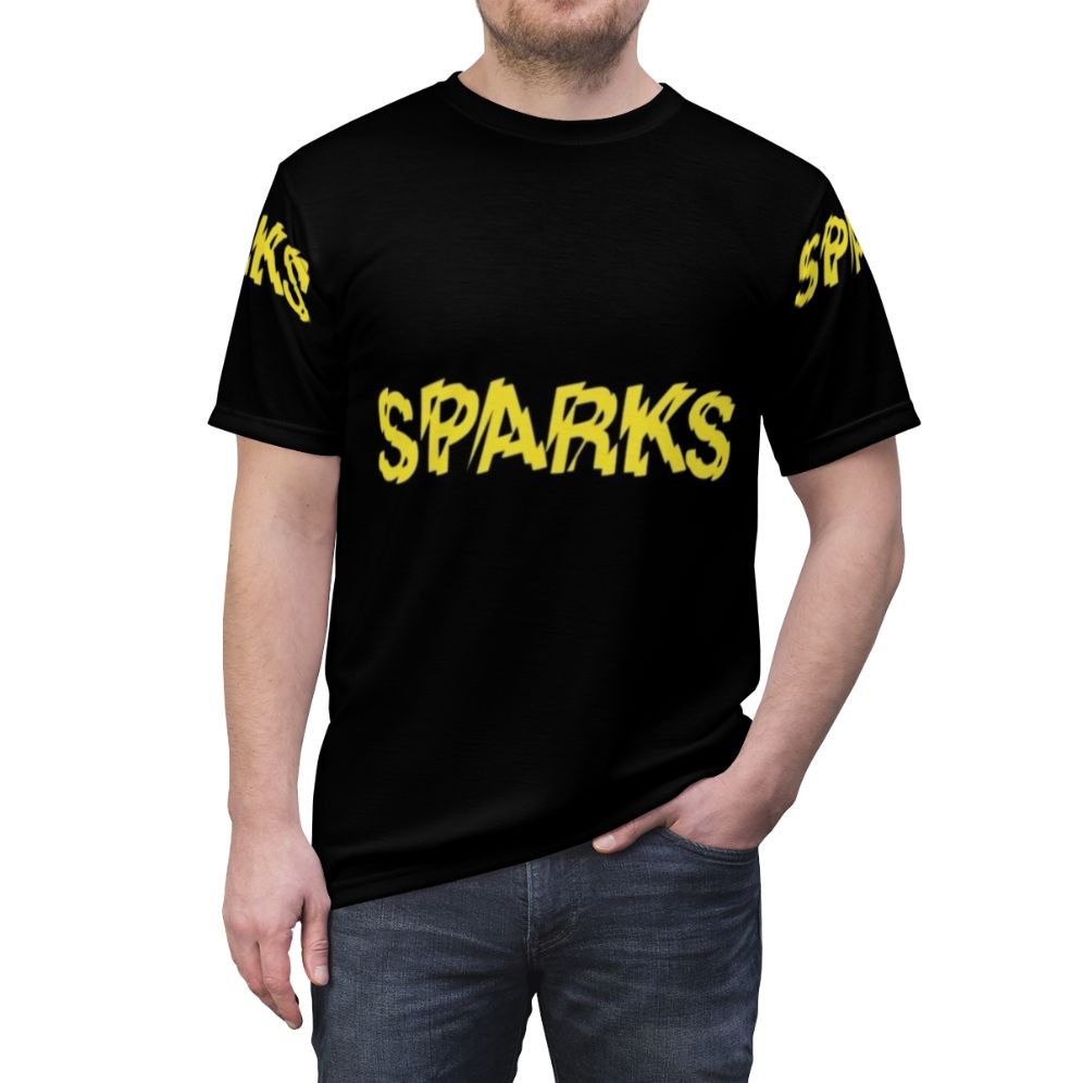 Sparks-inspired all-over print t-shirt featuring a vibrant new wave and synth pop graphic design - men front