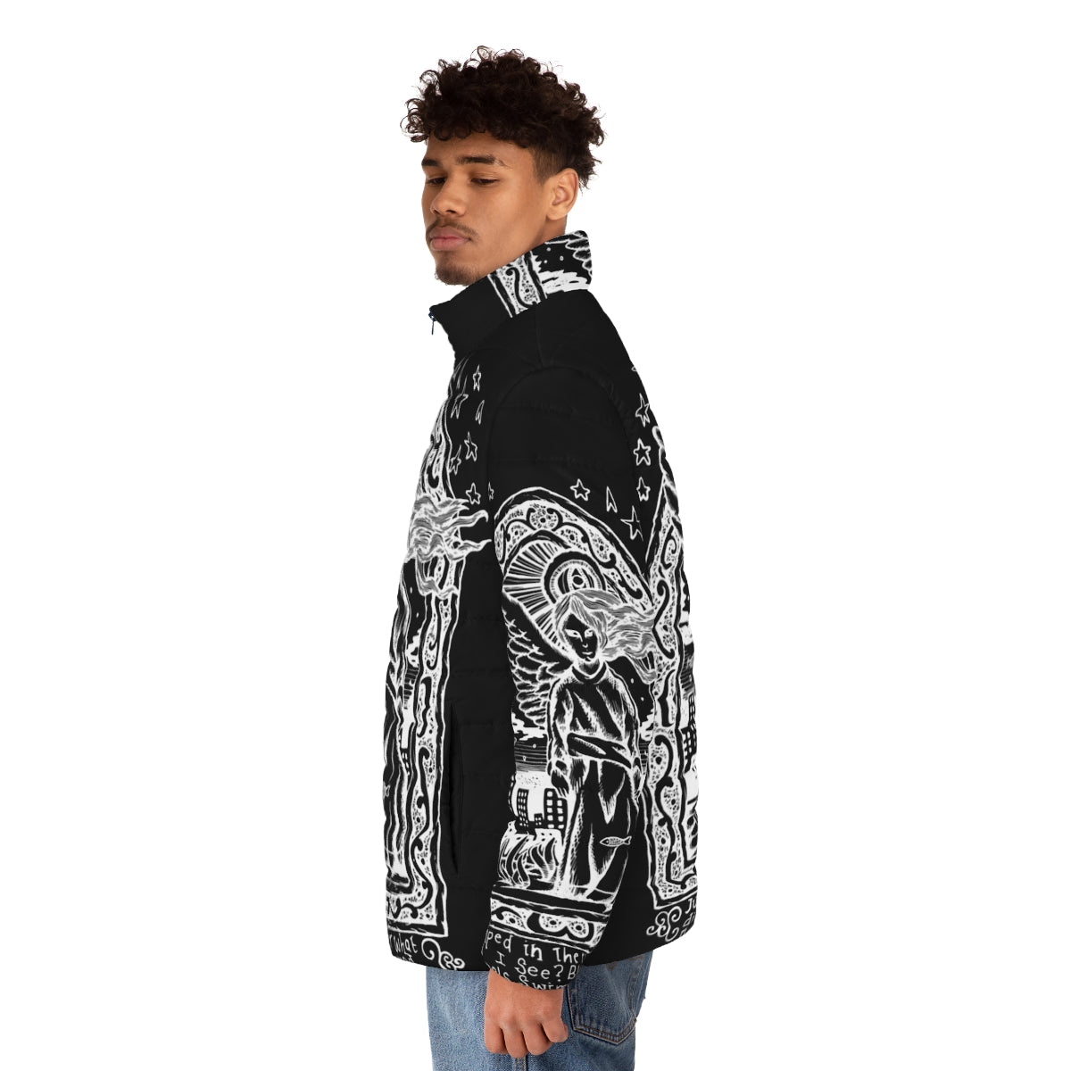 Model wearing a black puffer jacket with an inverted design, inspired by Radiohead's "Amnesiac" album - men side left