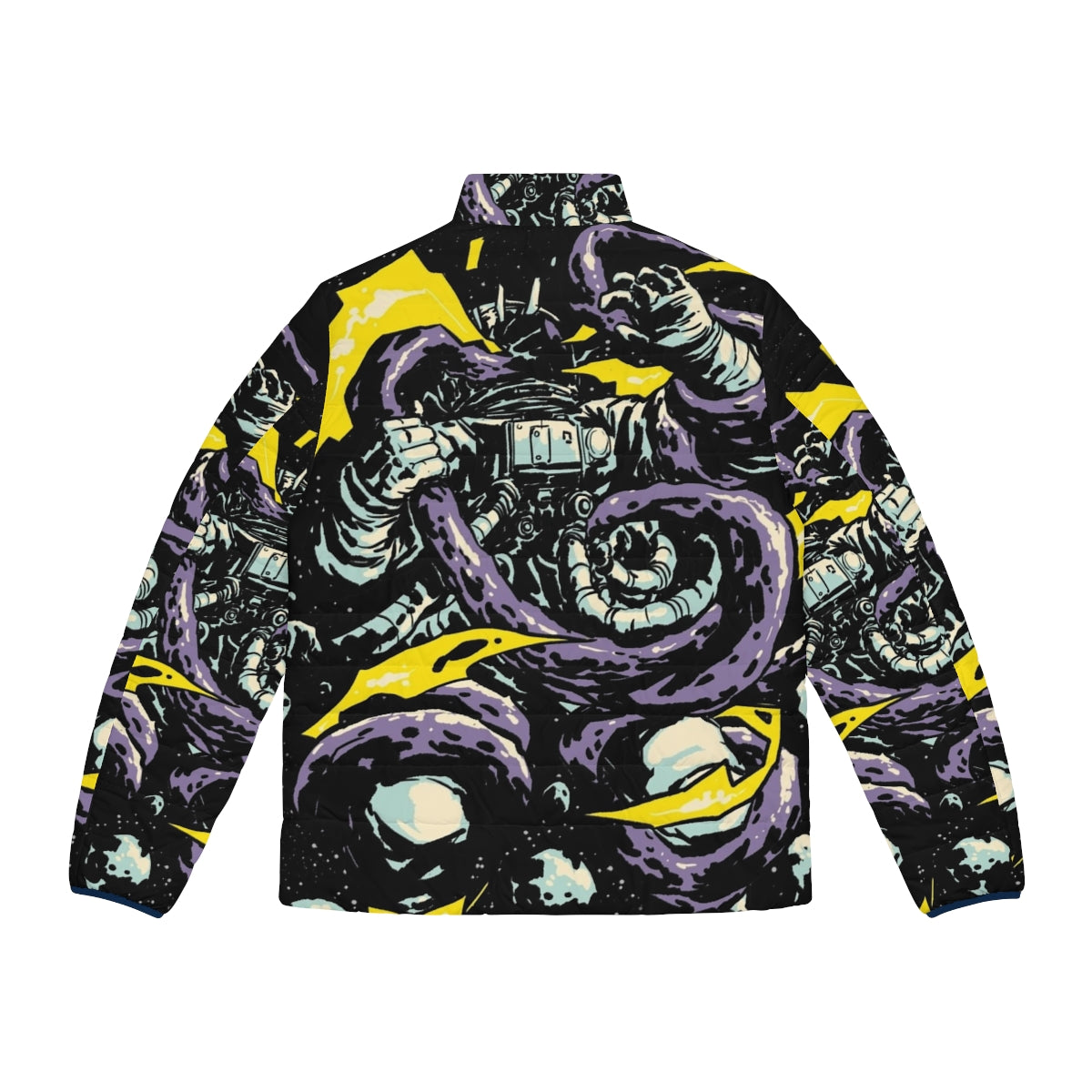 Intergalactic Space Trap Puffer Jacket featuring an astronaut, alien, and cosmic creatures in a digital art style - Back