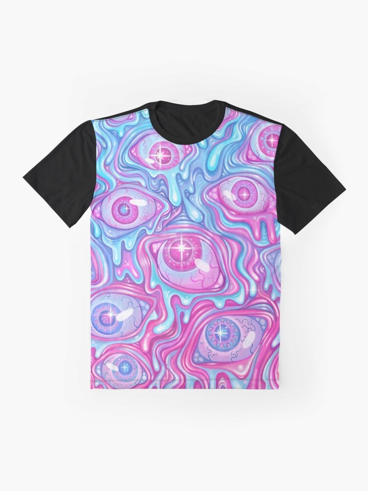 Colorful and trippy eyeball pattern graphic t-shirt with a creepy and horror-themed design - Flat lay