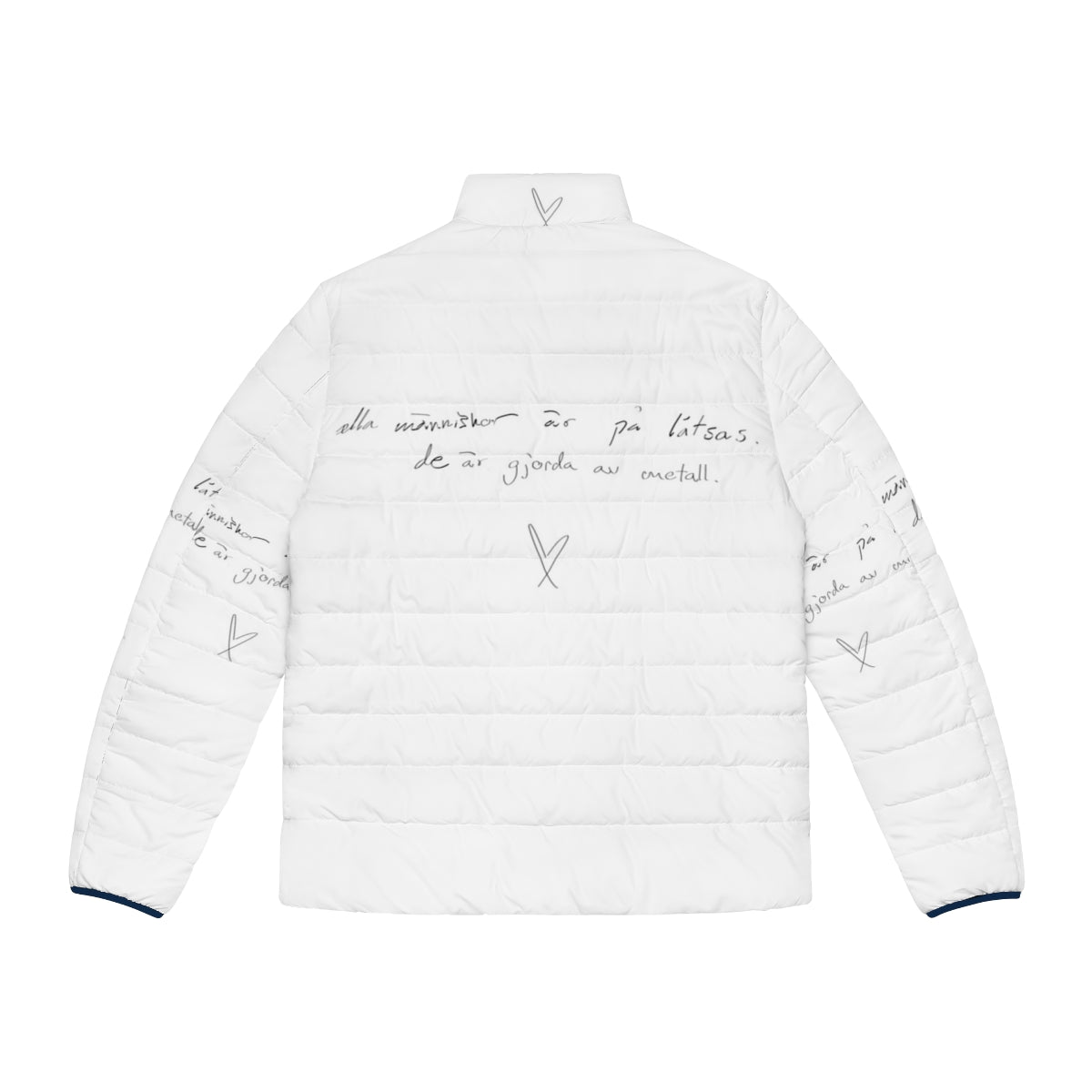 Young Royals-inspired puffer jacket featuring the quote "All The People Are Fake" - Back