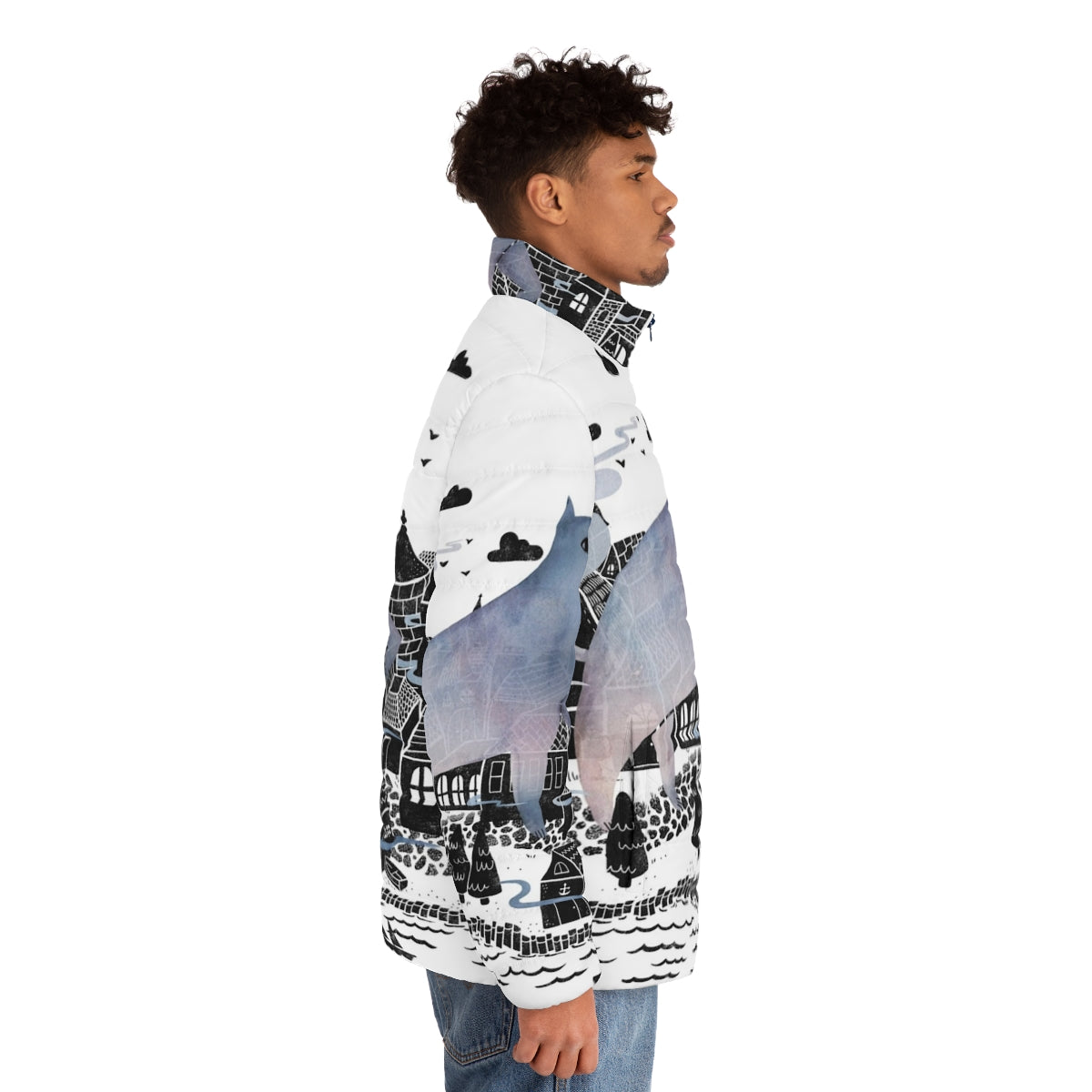 A cozy puffer jacket in a foggy, watercolor-inspired landscape design - men side right