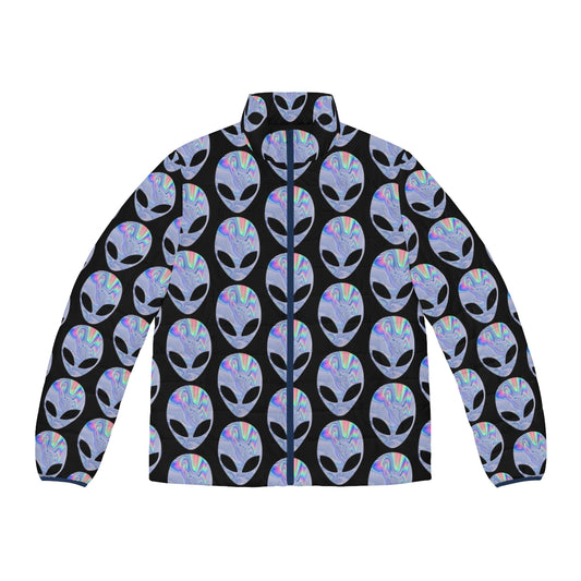 Iridescent puffer jacket with out-of-this-world cosmic design