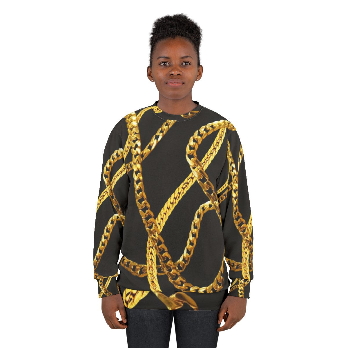 Stylish gold chains sweatshirt for a bold, luxurious look - women