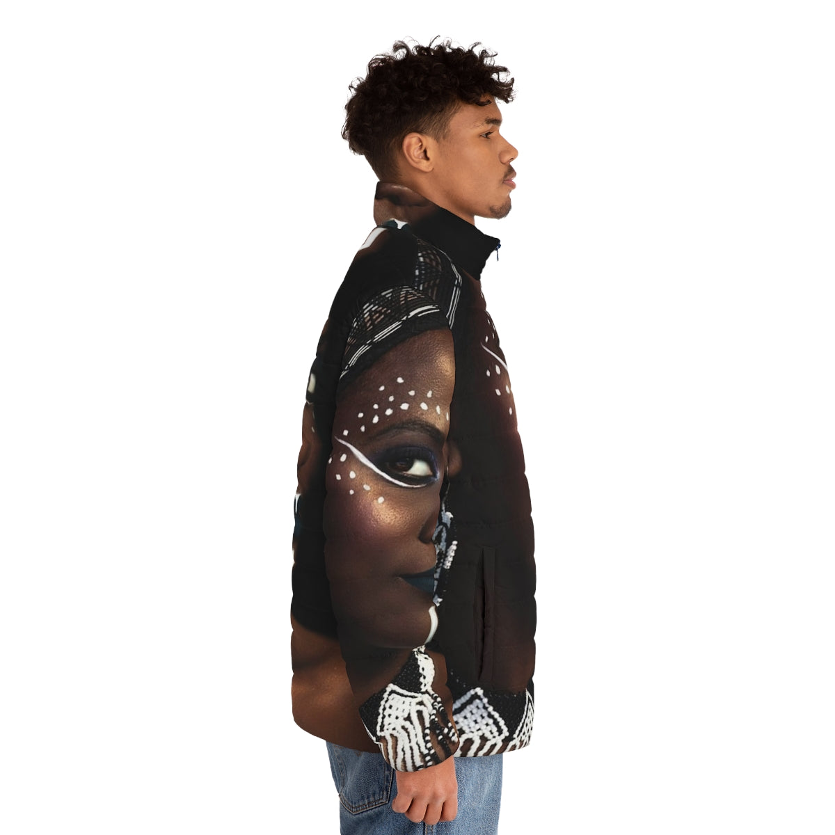 A stylish African-inspired puffer jacket with a regal, tribal design - men side right