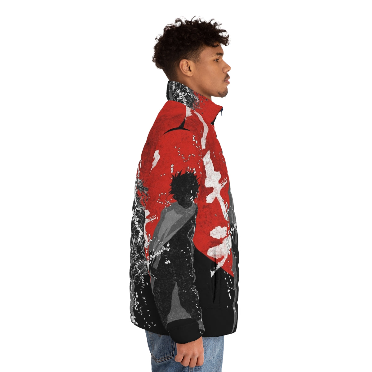 Model wearing the Neo Tokyo Storm Puffer Jacket, inspired by the classic anime film Akira - men side right