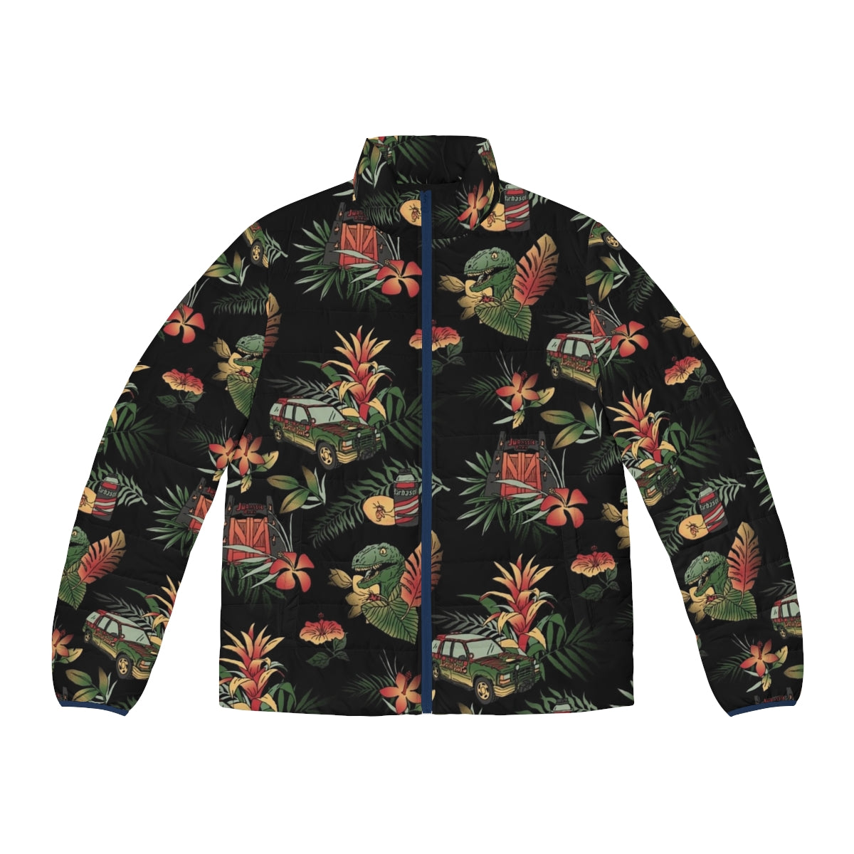 Classic Jurassic puffer jacket with floral dinosaur pattern