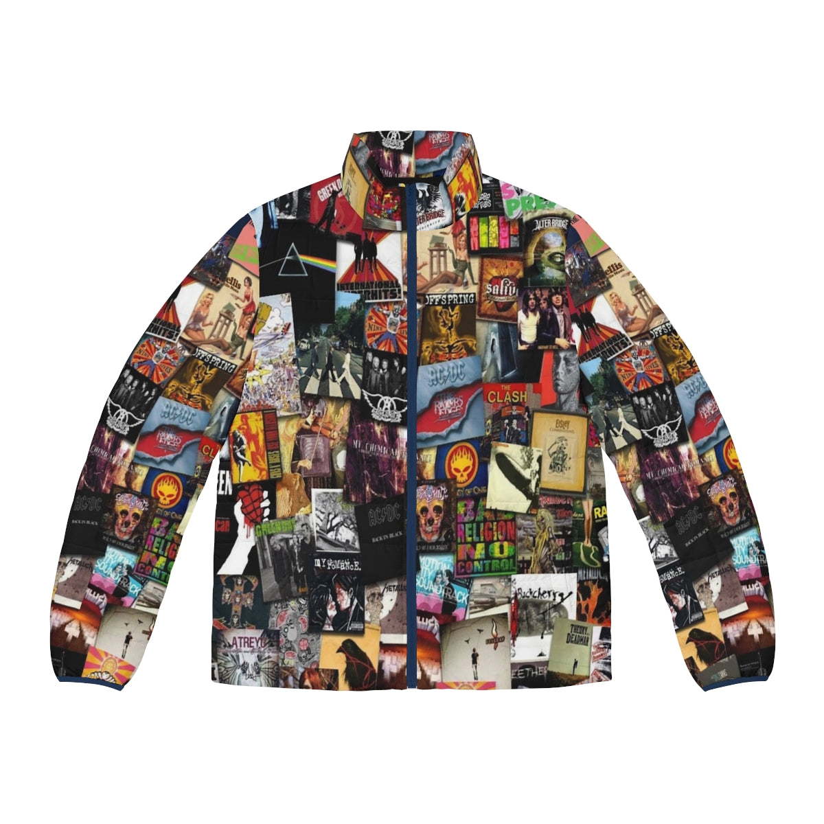 A puffer jacket featuring a collage of music album covers and band logos