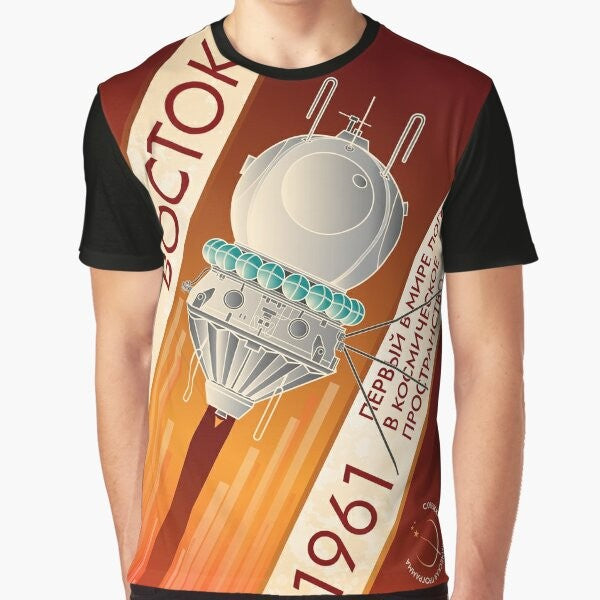 Retro Soviet space graphic t-shirt featuring Vostok spacecraft and Yuri Gagarin's historic 1961 flight