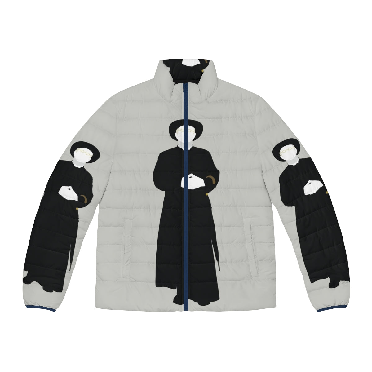 Hercule Poirot inspired puffer jacket with mystery thriller design