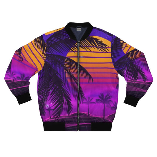 80s synthwave bomber jacket with retro futuristic sunset aesthetic design