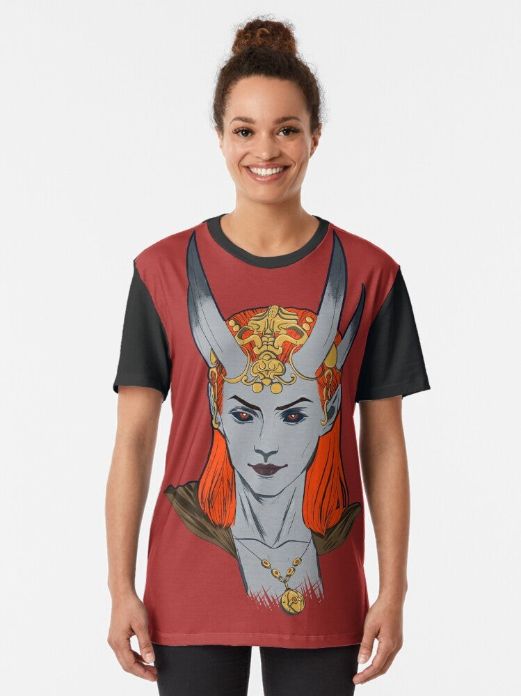 Mizora graphic t-shirt featuring a fantasy demon/cambion/tiefling character from the Baldur's Gate video game series. - Women