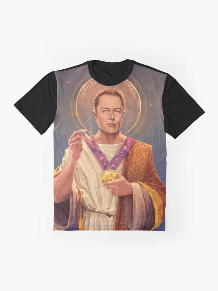 Elon Musk space exploration graphic t-shirt featuring a pop art style religious-inspired painting of Elon Musk. - Flat lay