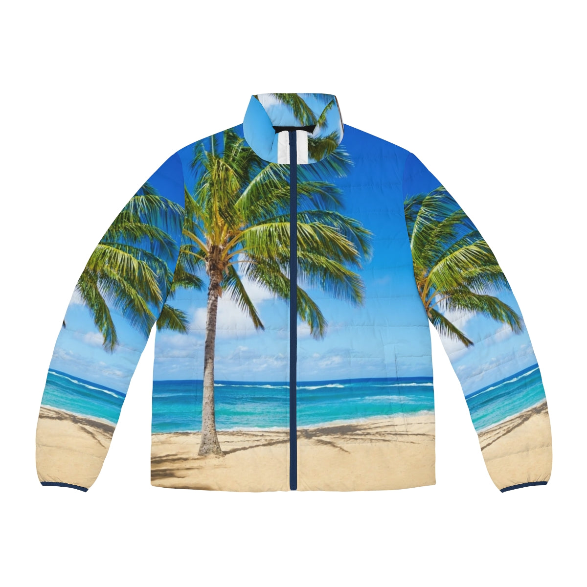 A vibrant puffer jacket featuring a scenic palm tree landscape on a tropical beach in Hawaii